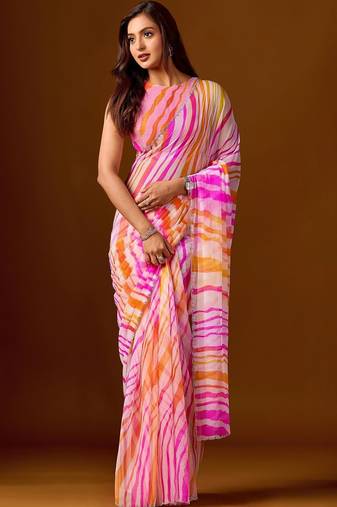 multicolor leheriya print Beads and Stones work Chiffon Saree with blouse 