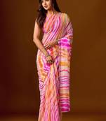 multicolor leheriya print Beads and Stones work Chiffon Saree with blouse 