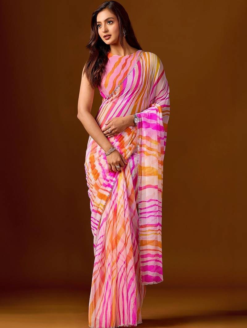 multicolor leheriya print Beads and Stones work Chiffon Saree with blouse 