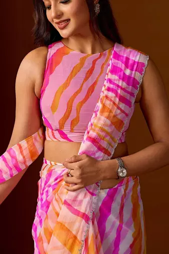 multicolor leheriya print Beads and Stones work Chiffon Saree with blouse 