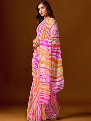multicolor leheriya print Beads and Stones work Chiffon Saree with blouse  3