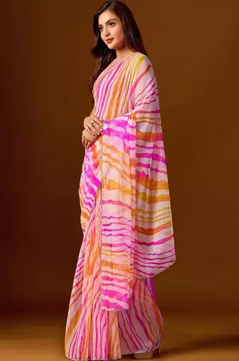 multicolor leheriya print Beads and Stones work Chiffon Saree with blouse 