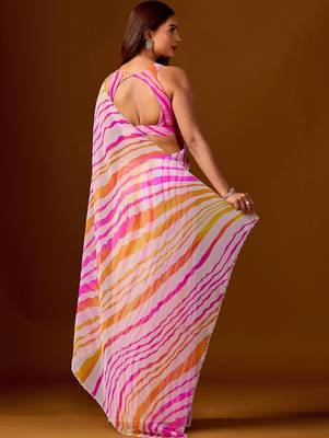 multicolor leheriya print Beads and Stones work Chiffon Saree with blouse  6