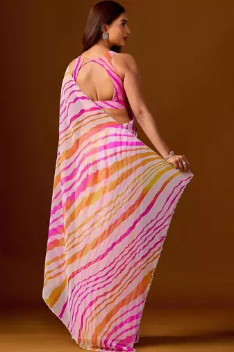 multicolor leheriya print Beads and Stones work Chiffon Saree with blouse 