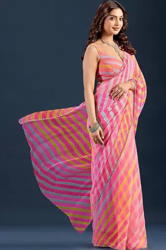 multicolor leheriya Striped Beads and Stones Pure Chiffon Saree