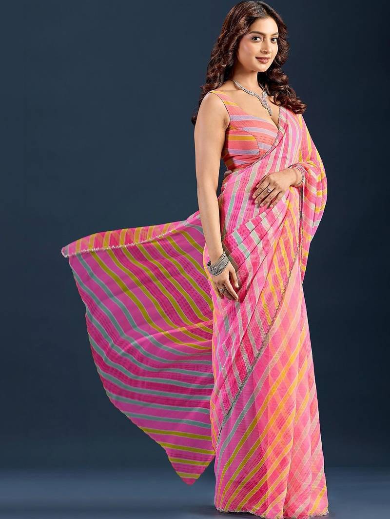 multicolor leheriya Striped Beads and Stones Pure Chiffon Saree