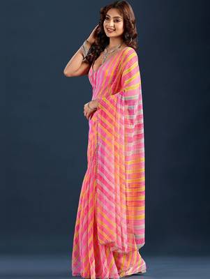 multicolor leheriya Striped Beads and Stones Pure Chiffon Saree 3