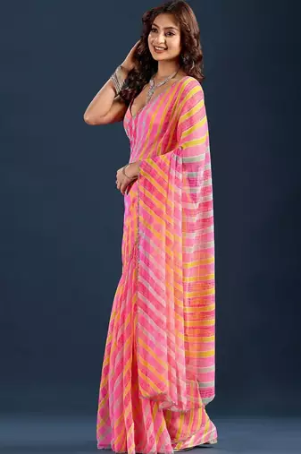 multicolor leheriya Striped Beads and Stones Pure Chiffon Saree