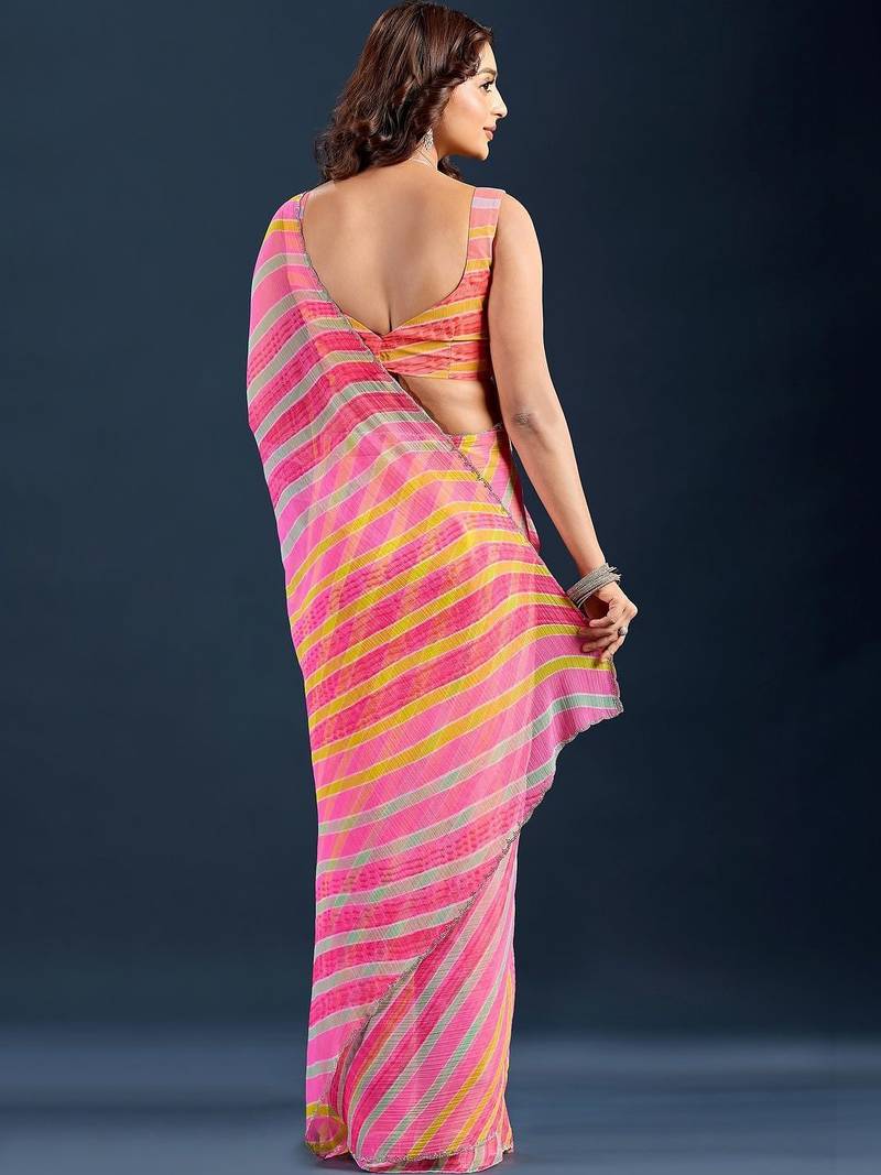 multicolor leheriya Striped Beads and Stones Pure Chiffon Saree