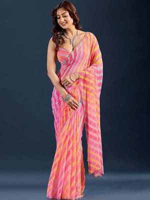 multicolor leheriya Striped Beads and Stones Pure Chiffon Saree 7