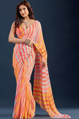 multicolor Leheriya Beads and Stones work Chiffon Saree with blouse 