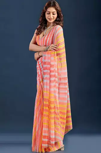 multicolor Leheriya Beads and Stones work Chiffon Saree with blouse 