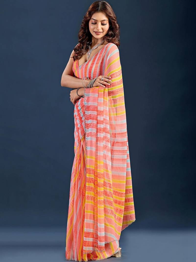 multicolor Leheriya Beads and Stones work Chiffon Saree with blouse 