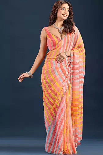 multicolor Leheriya Beads and Stones work Chiffon Saree with blouse 