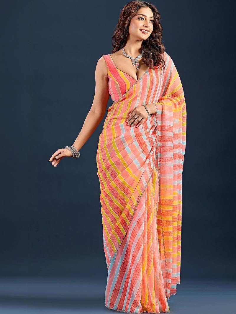 multicolor Leheriya Beads and Stones work Chiffon Saree with blouse 