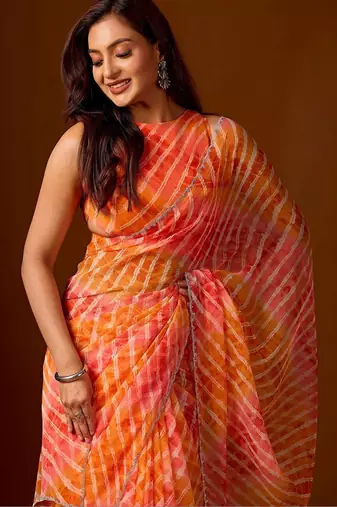 multicolor Leheriya Beads and Stones work Chiffon Saree with blouse
