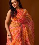multicolor Leheriya Beads and Stones work Chiffon Saree with blouse