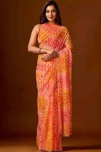multicolor Leheriya Beads and Stones work Chiffon Saree with blouse