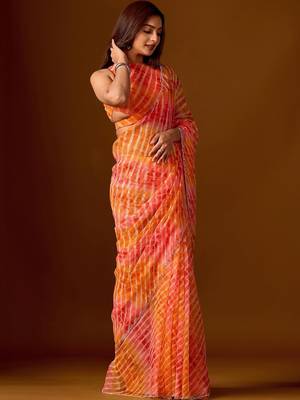 multicolor Leheriya Beads and Stones work Chiffon Saree with blouse 3