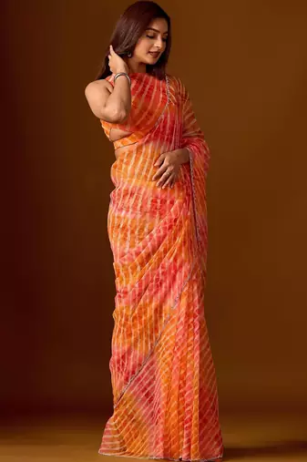 multicolor Leheriya Beads and Stones work Chiffon Saree with blouse