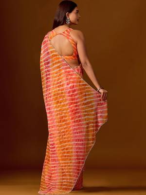 multicolor Leheriya Beads and Stones work Chiffon Saree with blouse 5