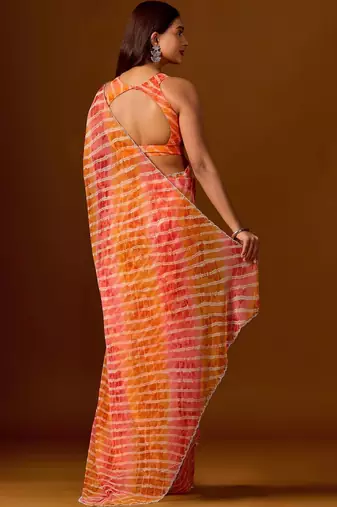 multicolor Leheriya Beads and Stones work Chiffon Saree with blouse
