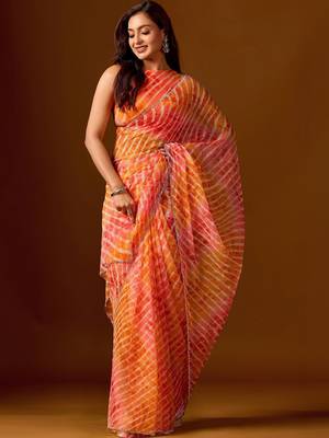 multicolor Leheriya Beads and Stones work Chiffon Saree with blouse 7