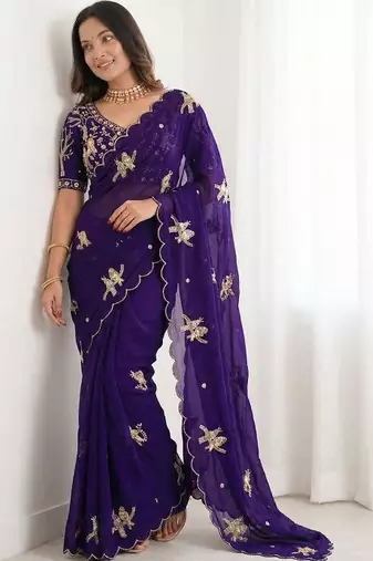 Floral Embroidered Satin Designer Baluchari Saree