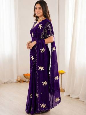 Floral Embroidered Satin Designer Baluchari Saree 3