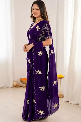 Floral Embroidered Satin Designer Baluchari Saree