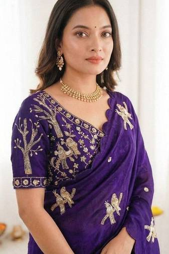 Floral Embroidered Satin Designer Baluchari Saree