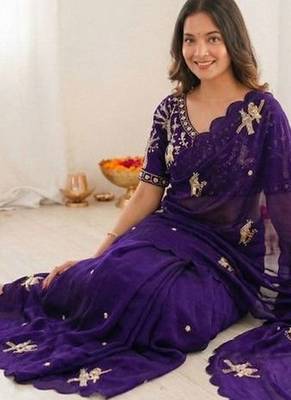 Floral Embroidered Satin Designer Baluchari Saree 5