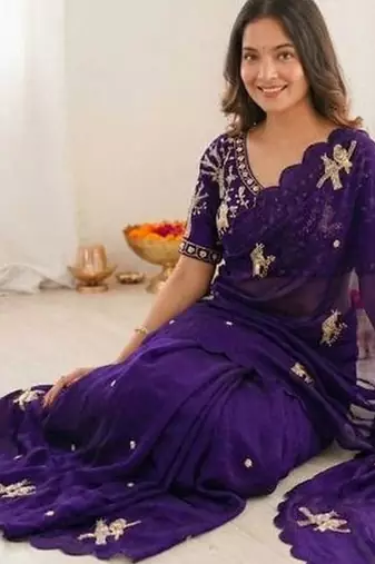 Floral Embroidered Satin Designer Baluchari Saree