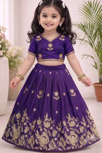 Violet embroidered thread work ready to wear lehenega choli for girls
