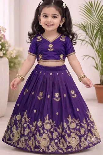 Violet embroidered thread work ready to wear lehenega choli for girls