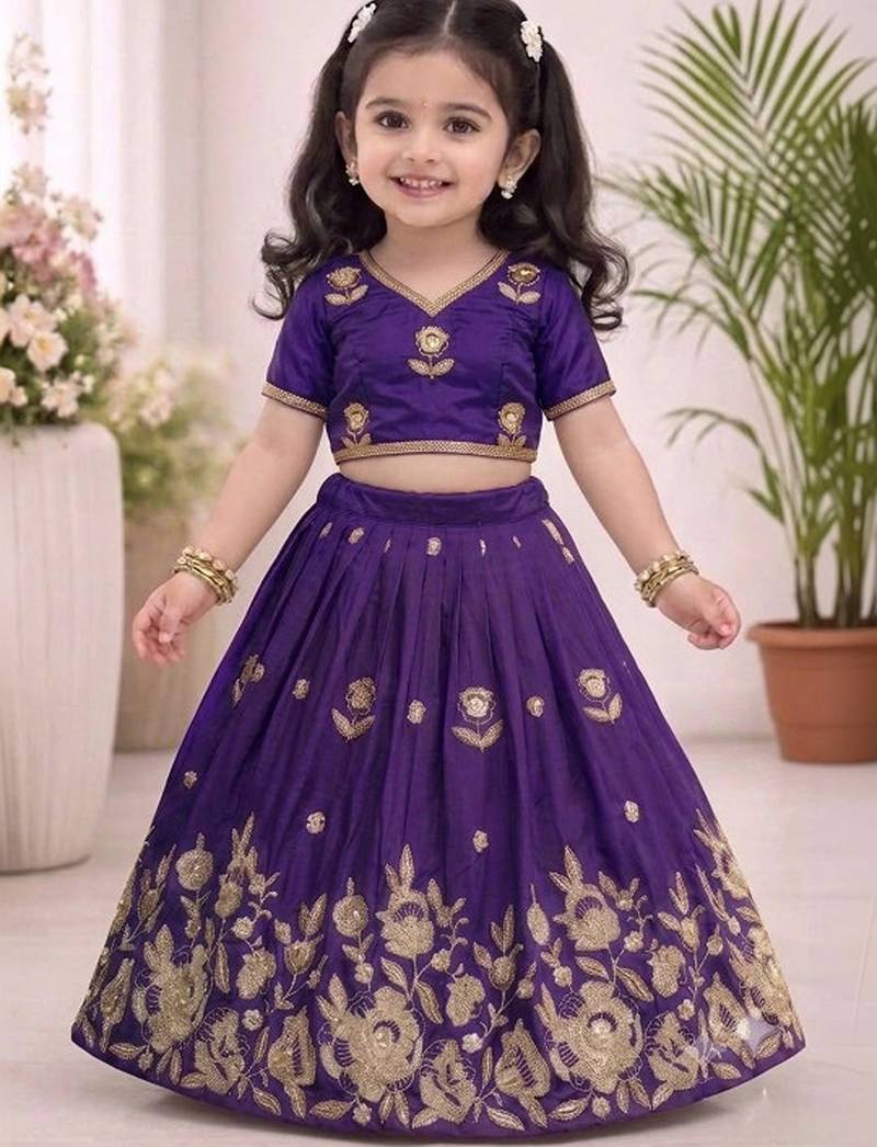 Violet embroidered thread work ready to wear lehenega choli for girls