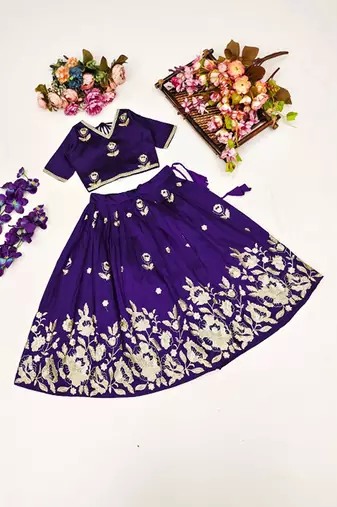 Violet embroidered thread work ready to wear lehenega choli for girls
