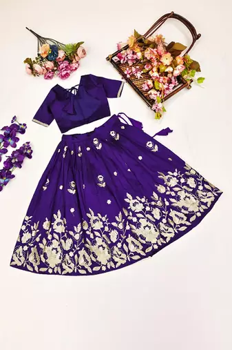Violet embroidered thread work ready to wear lehenega choli for girls