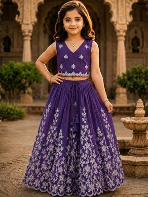 Violet embroidered thread work ready to wear lehenega choli for girls 1