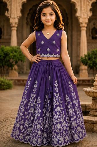Violet embroidered thread work ready to wear lehenega choli for girls
