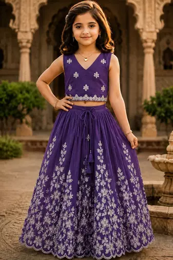 Violet embroidered thread work ready to wear lehenega choli for girls