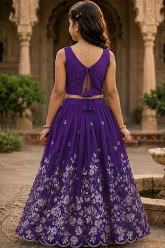 Violet embroidered thread work ready to wear lehenega choli for girls