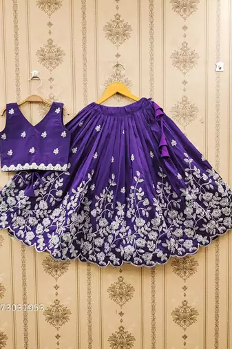 Violet embroidered thread work ready to wear lehenega choli for girls