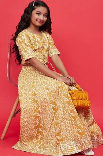 Mustard printed ready to wear lehenega choli for girls