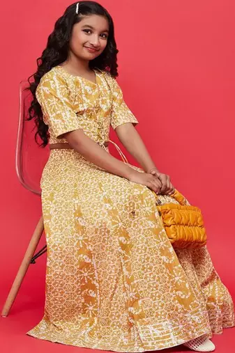Mustard printed ready to wear lehenega choli for girls