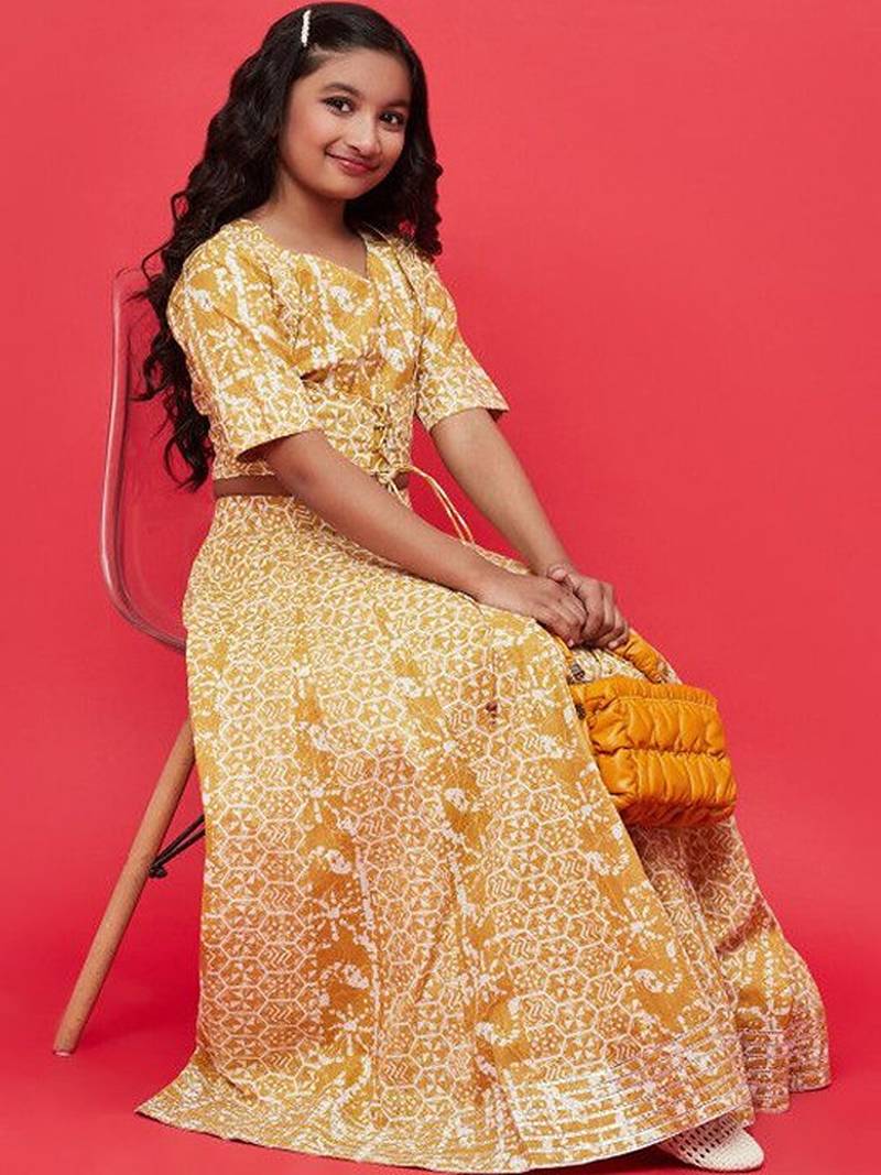 Mustard printed ready to wear lehenega choli for girls