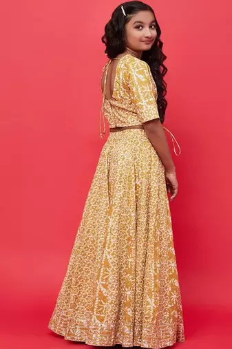 Mustard printed ready to wear lehenega choli for girls