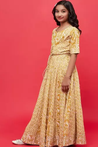 Mustard printed ready to wear lehenega choli for girls