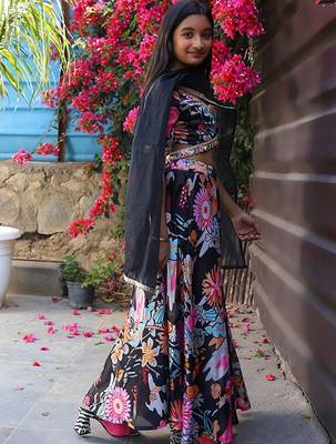 Black silk blend ready to wear lehenega choli with dupatta for girls 1