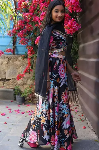 Black silk blend ready to wear lehenega choli with dupatta for girls